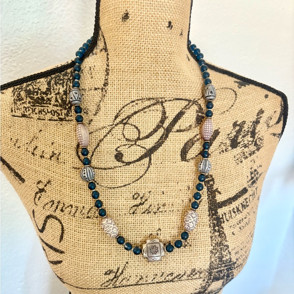 Vintage Artisan 80-90 Blue Brown & Silver Tribal Aztec Statement Beaded Necklace